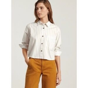 Everlane The Silky Cotton Way Short Button Up Shirt Sand White Stripe Large
